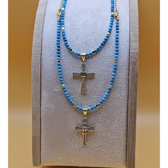 Handmade Blue Turquoise Cross Necklace Choose Gold Plate Adjustable Chain - Picture 3 of 9